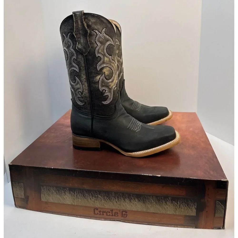 Circle G Unisex Kids Black Embroidered Western Boot Square‎ Toe ( J7111) Size 5